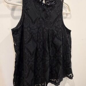 'Doe & Rae black lace blouse with floral and geometric embroidery, size M